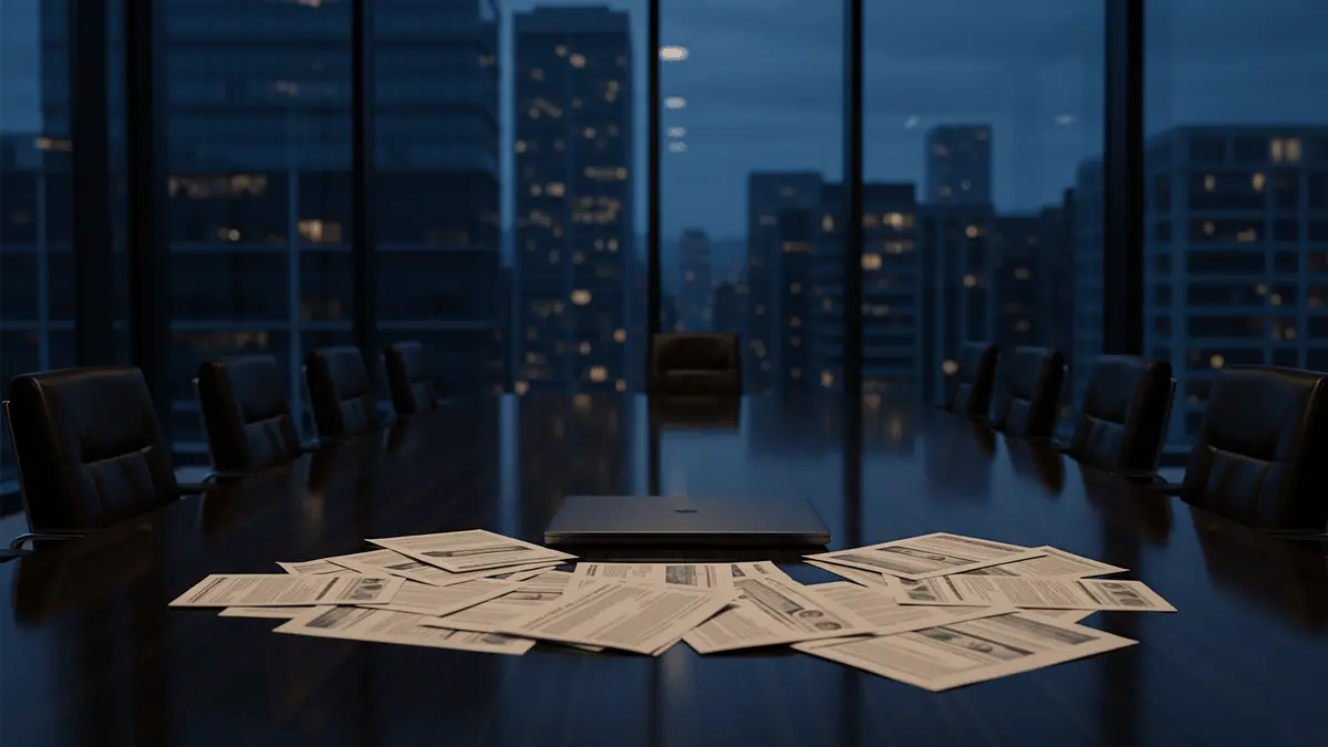 Empty corporate boardroom with financial documents representing EA layoffs before acquisition