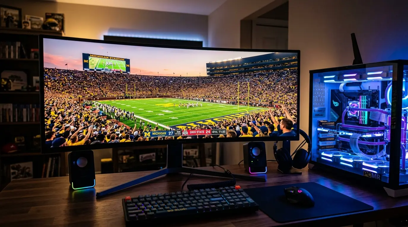 Gaming PC setup displaying college football stadium on monitor for EA Sports College Football 27 PC release