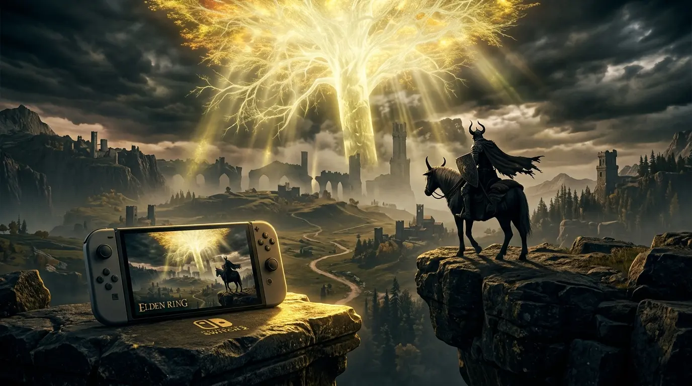 Elden Ring warrior on horseback overlooking fantasy landscape with Nintendo Switch 2 console in foreground