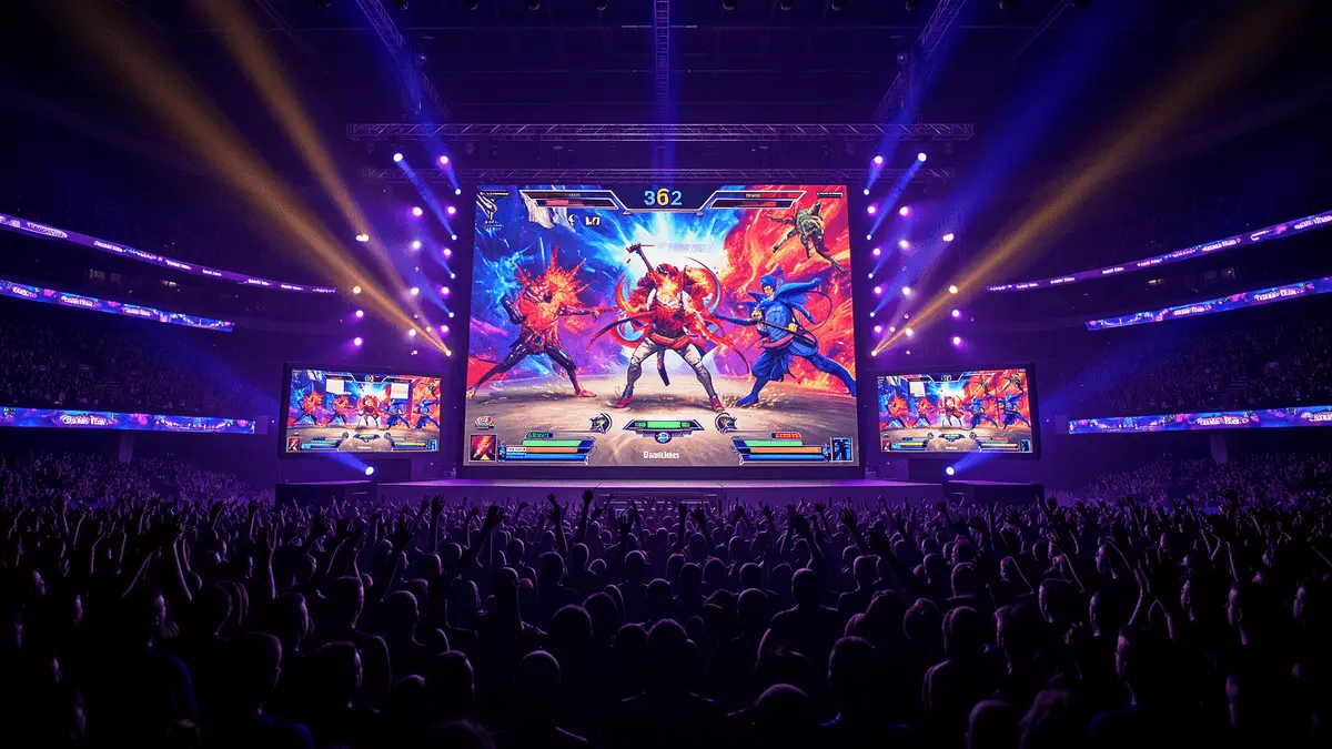 Large esports arena with crowd watching competitive fighting game tournament on illuminated main stage screen