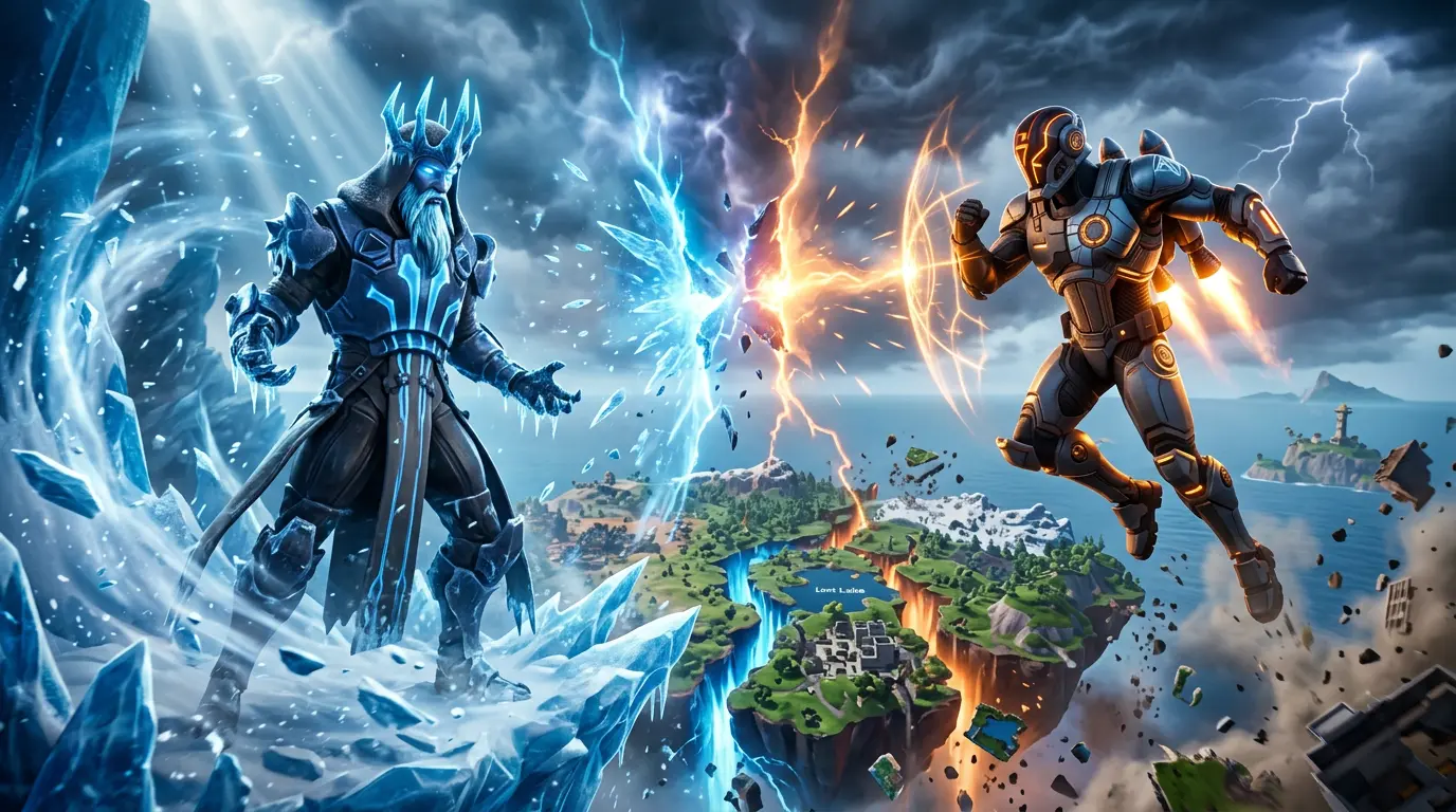 Ice King and The Foundation clash above a shattering Fortnite island in the Chapter 7 Season 2 finale event