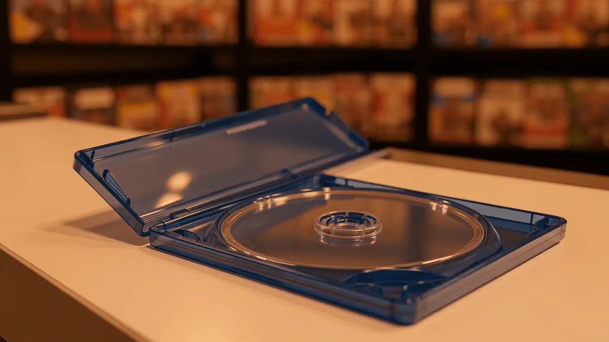 Empty video game case open on retail counter showing no disc inside
