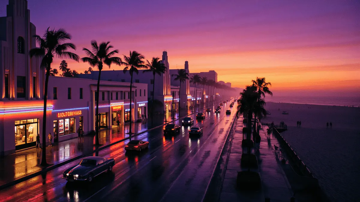Miami-inspired cityscape at sunset with neon lights, palm trees, and sports cars on rain-slicked streets