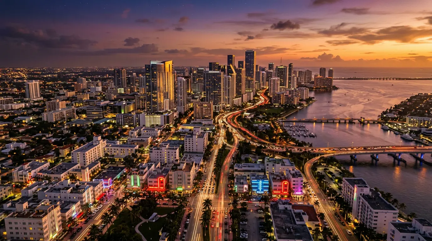 Aerial view of sprawling neon-lit cityscape at sunset representing GTA 6's ambitious open world