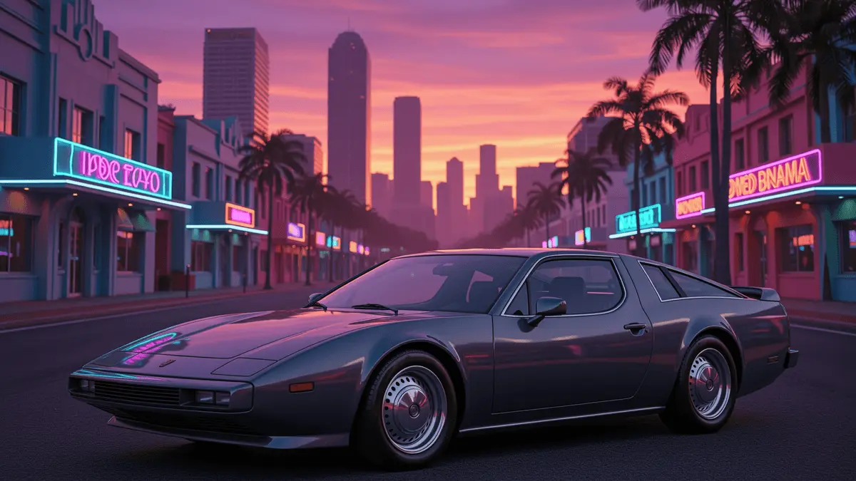 Neon-lit Vice City street with luxury sports car at sunset in GTA 6 style
