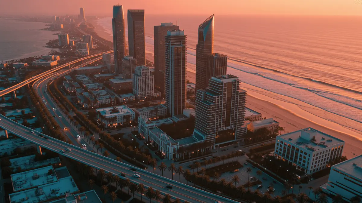 Aerial view of neon-lit coastal city with highways and urban sprawl at sunset