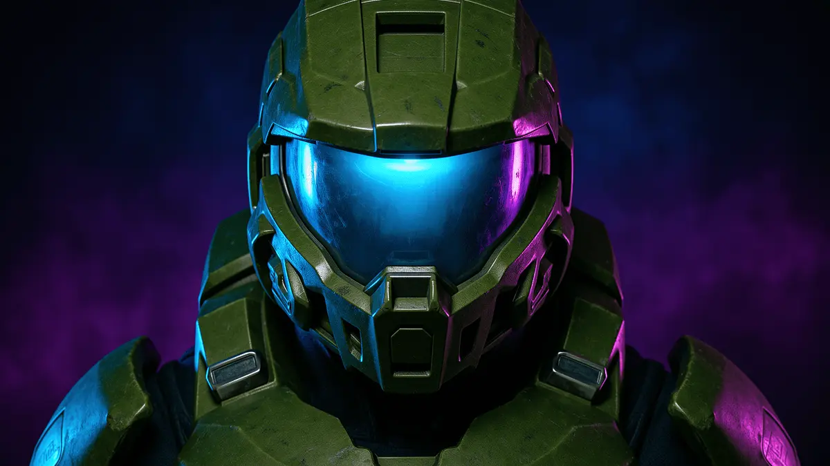 Master Chief helmet with blue PlayStation-inspired lighting in Halo Campaign Evolved