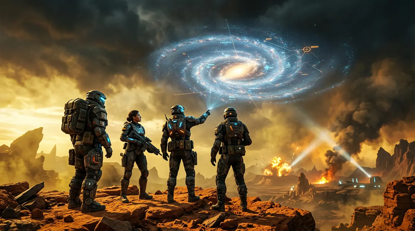 Helldivers soldiers viewing galactic map on alien battlefield with dramatic atmospheric lighting