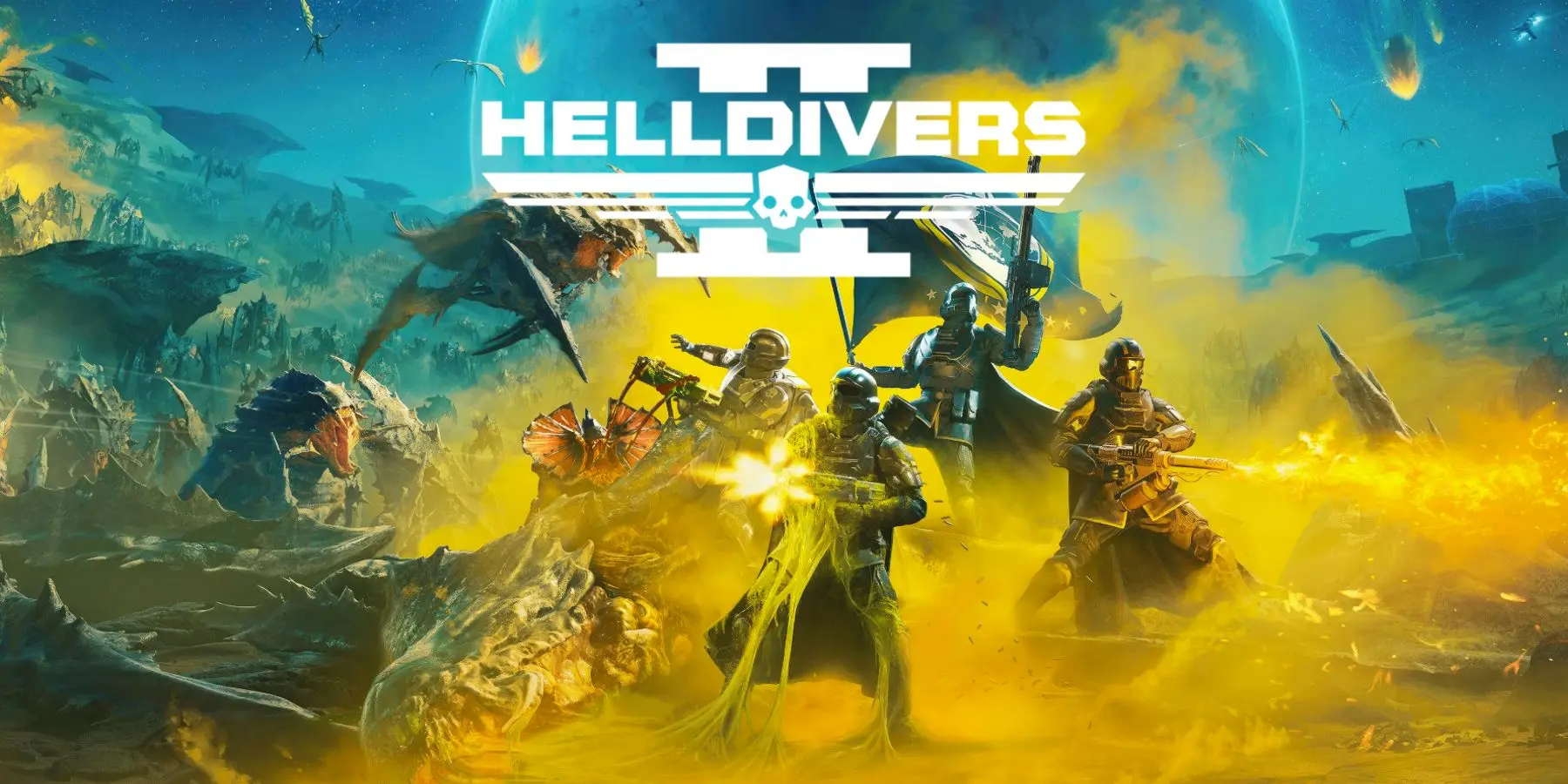 Helldivers 2 characters engaged in battle on an alien landscape.