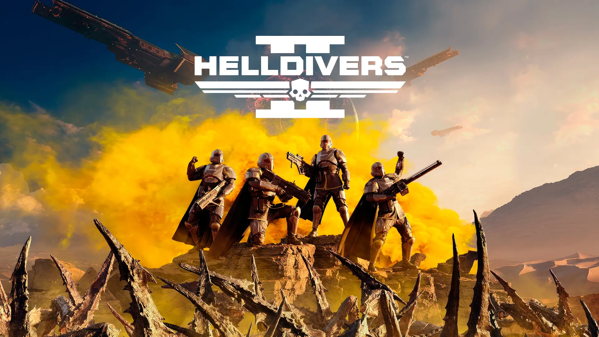 Four Helldivers in tactical armor standing amid yellow smoke and rocky terrain.