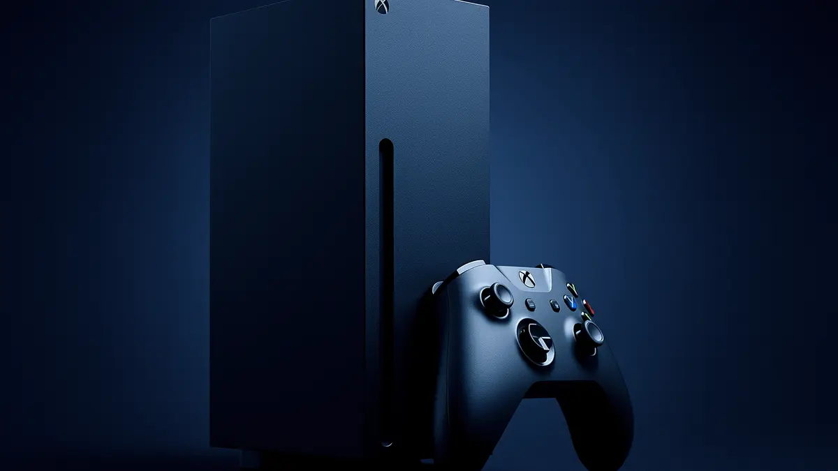 Xbox Series X console with controller in dramatic studio lighting on dark background