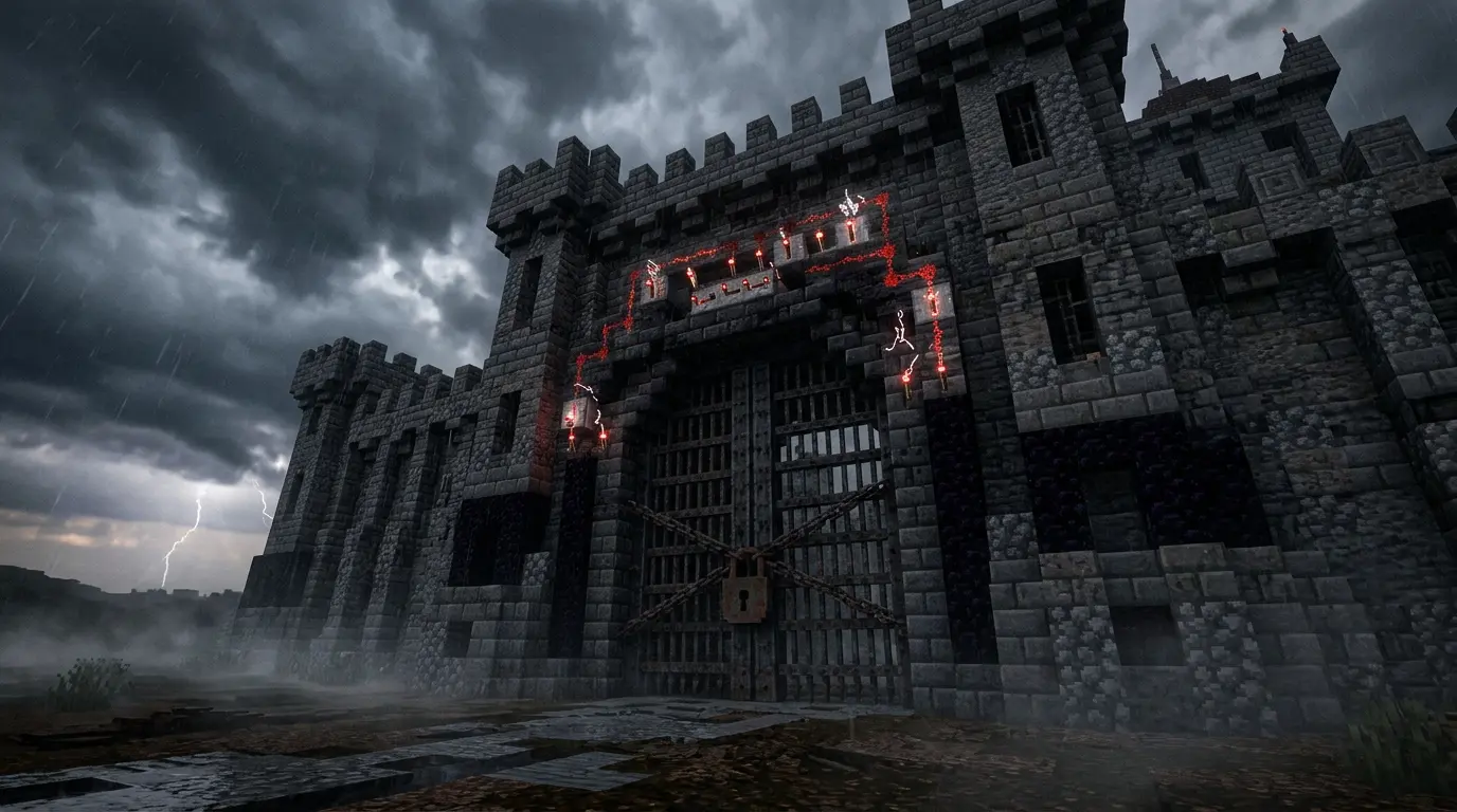 Locked Minecraft fortress gate with malfunctioning redstone circuits under stormy sky