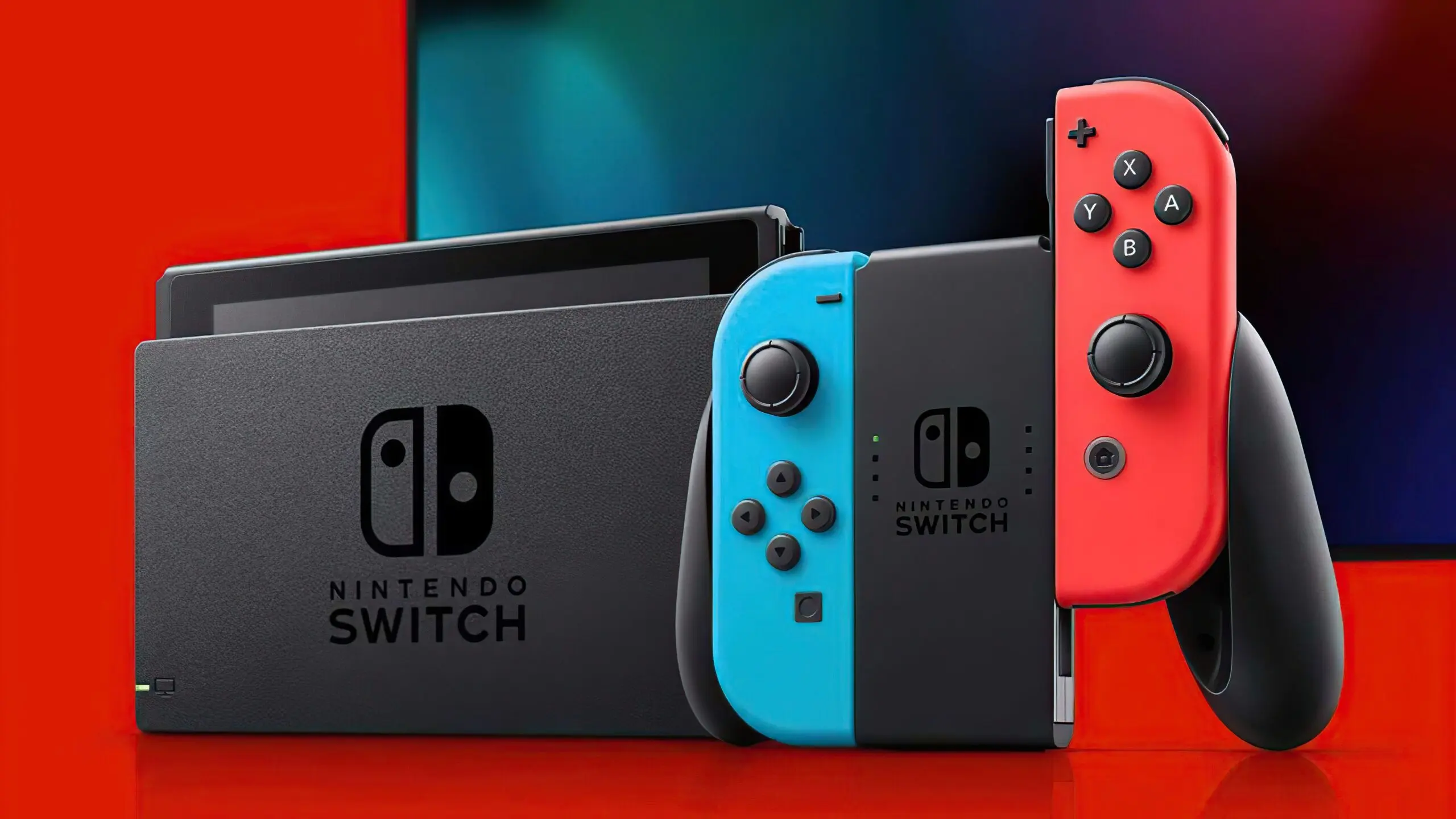 Close-up of a Nintendo Switch console with red and blue Joy-Con controllers.