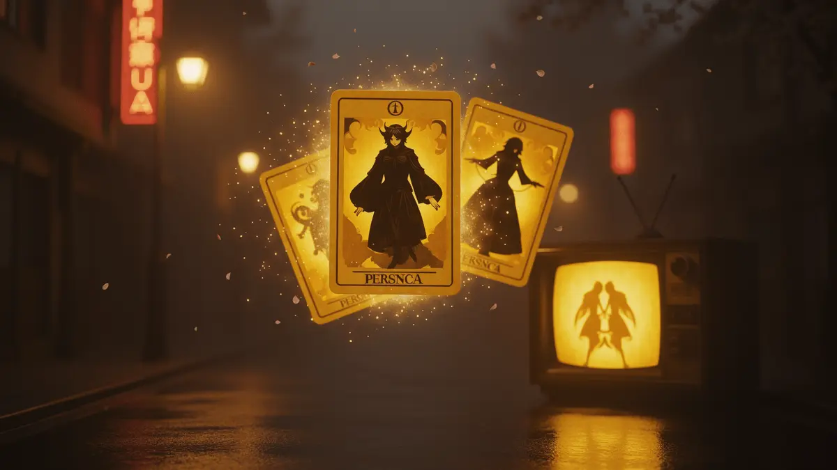 Persona 4 Revival atmospheric scene with tarot cards and golden fog in Japanese street setting