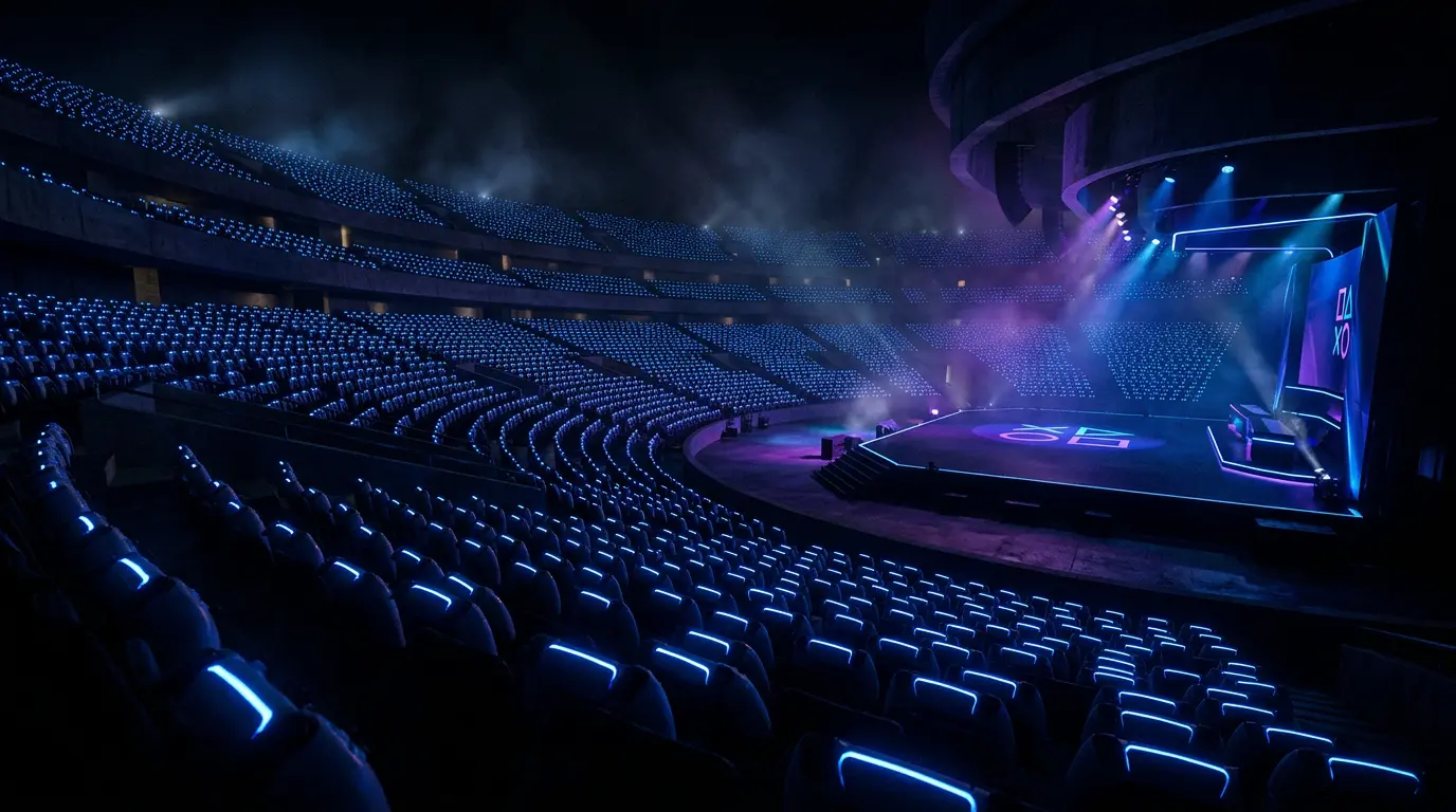 Dramatic amphitheater filled with glowing PlayStation controller lights symbolizing record viewership