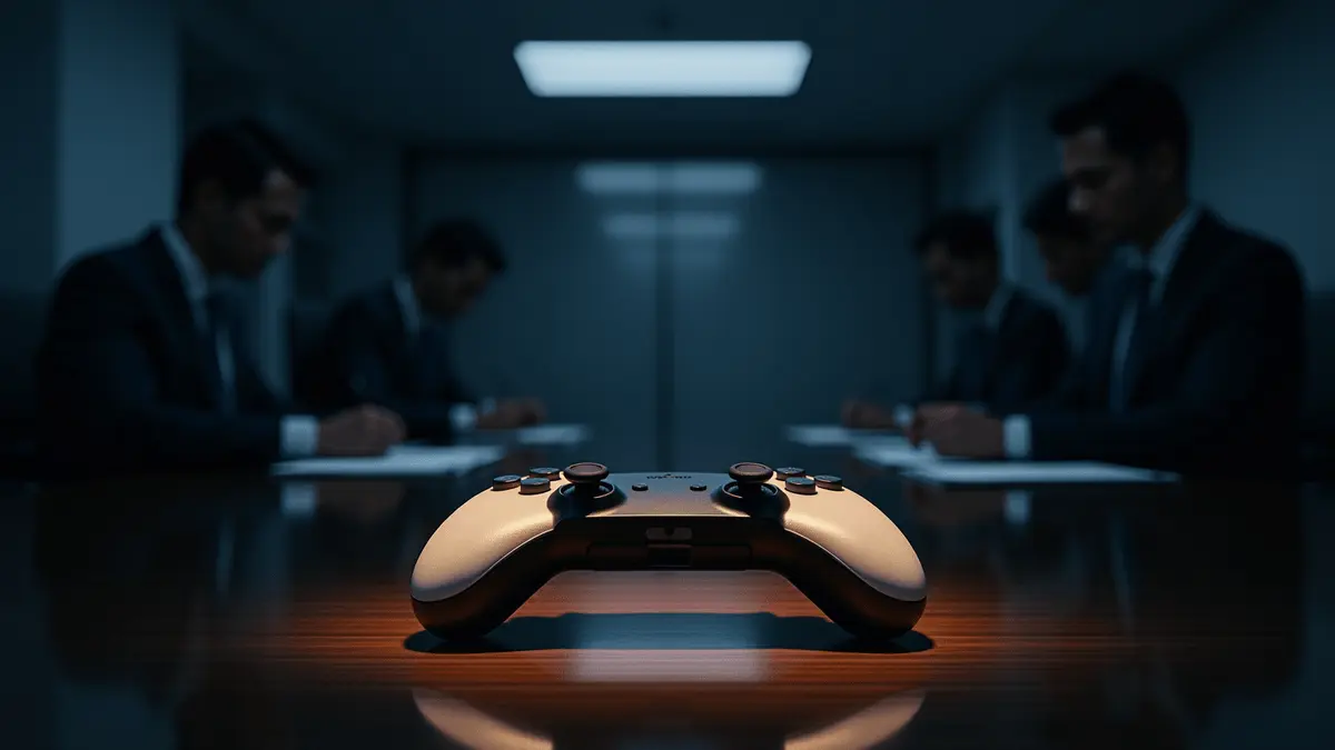 Game controller on corporate boardroom table symbolizing studio sale negotiations