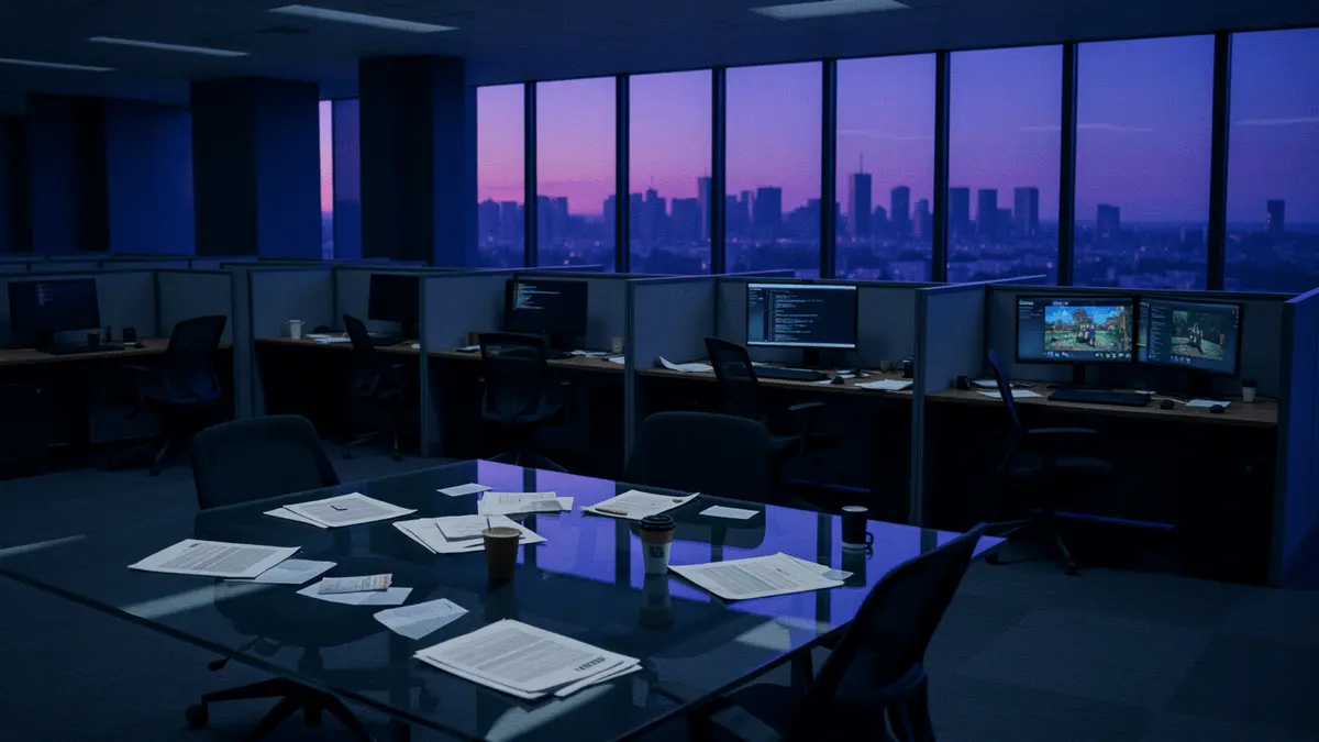 Empty modern gaming studio office with abandoned workstations and Seattle skyline at dusk