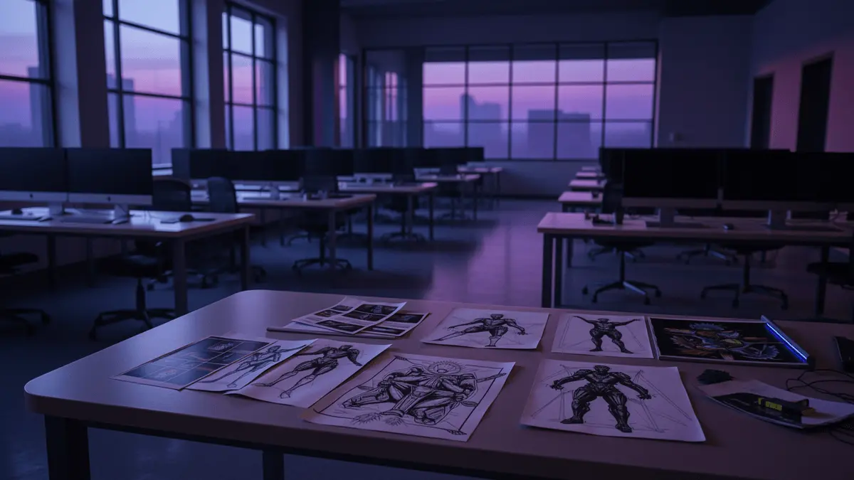 Empty game development studio office with scattered concept art in moody twilight lighting