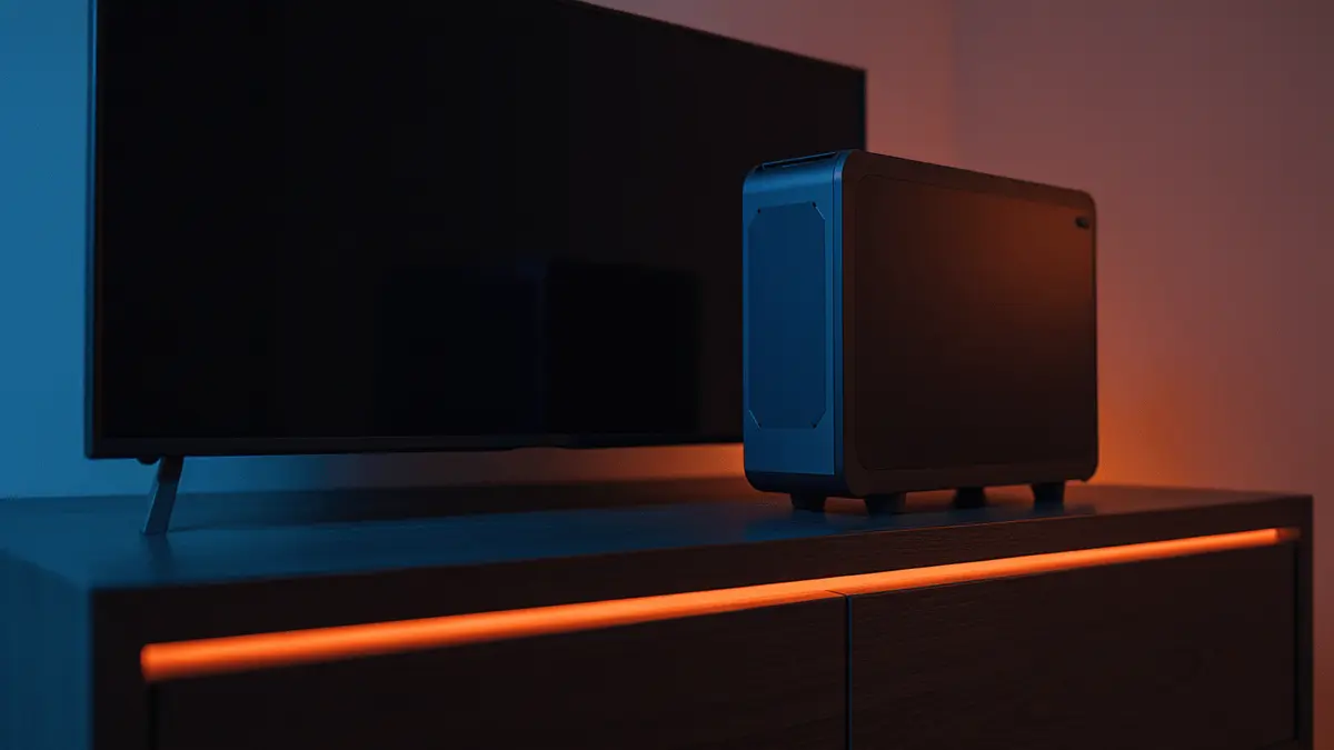 Compact gaming PC in living room entertainment center with premium aesthetic and moody lighting