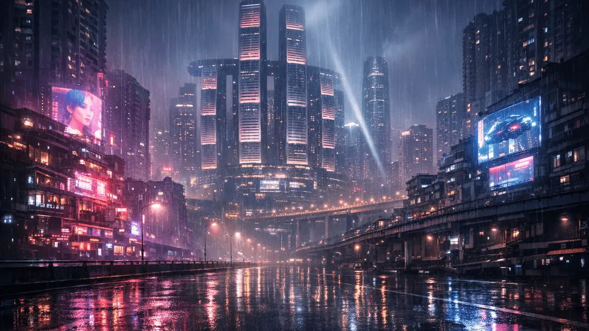 Futuristic neon-lit cyberpunk cityscape at night with rain and atmospheric lighting