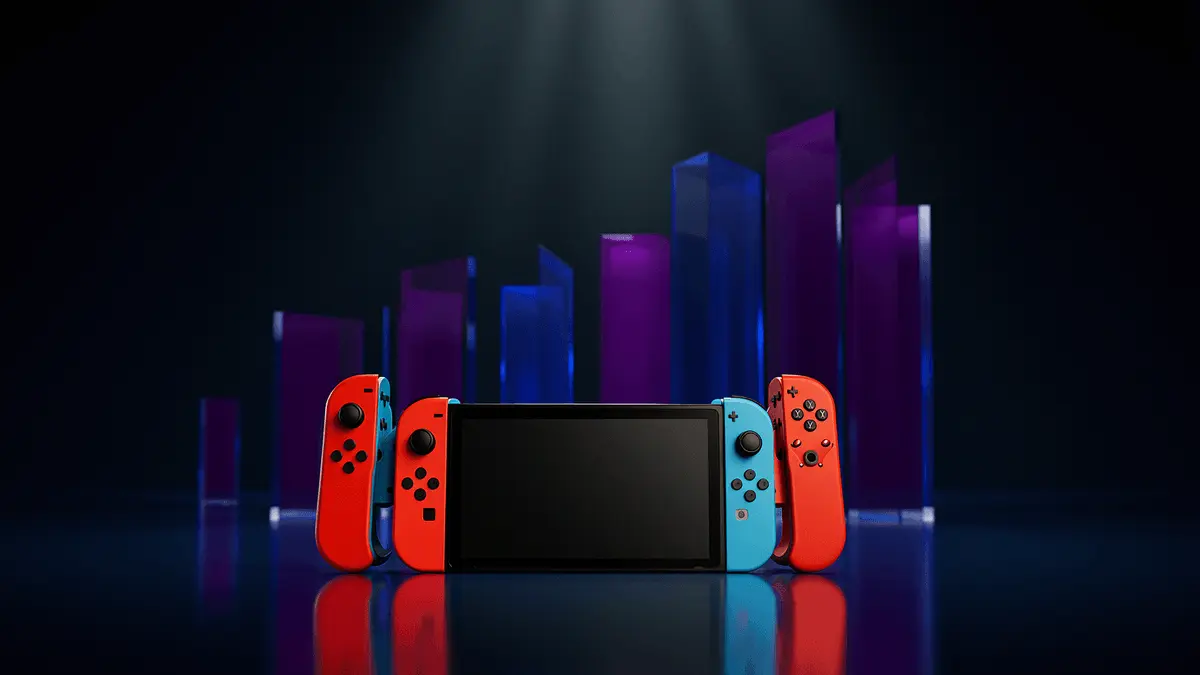 Nintendo Switch 2 console with colorful Joy-Cons against abstract geometric background representing sales growth