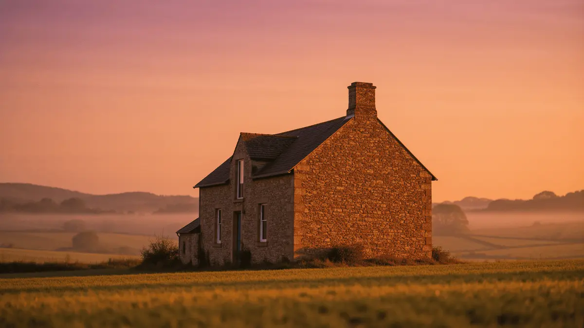 Brittany farmhouse at sunset symbolizing Ubisoft's founding legacy and Claude Guillemot's contributions