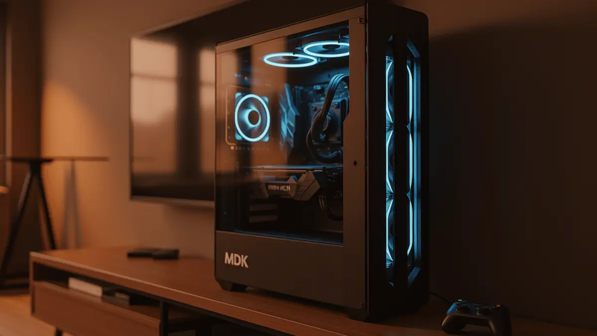 Custom gaming PC build in living room setup for SteamOS platform