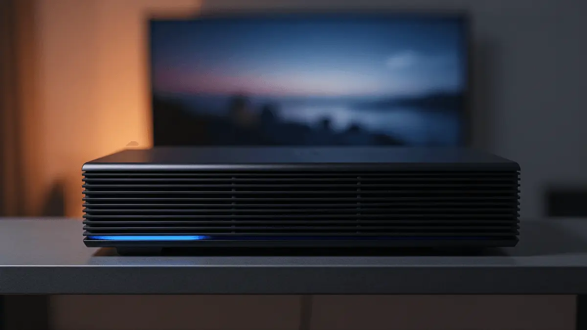 Valve Steam Machine gaming PC on entertainment center with dramatic lighting and modern living room setting