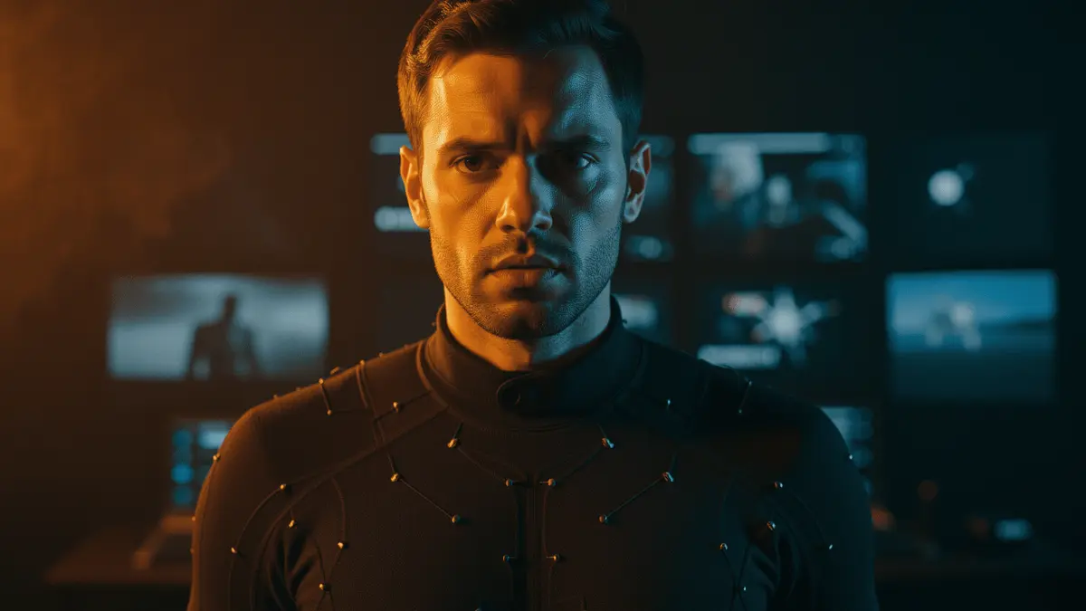 Voice actor in motion-capture studio performing for video game with dramatic lighting