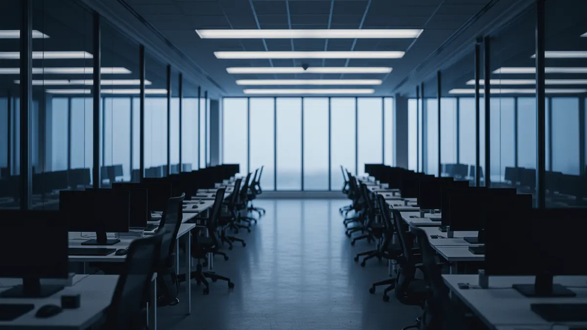 Empty modern office workspace with rows of desks symbolizing corporate restructuring and layoffs
