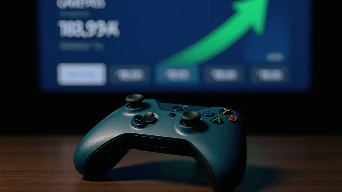 Xbox controller abandoned on desk with Game Pass pricing displayed on screen in background