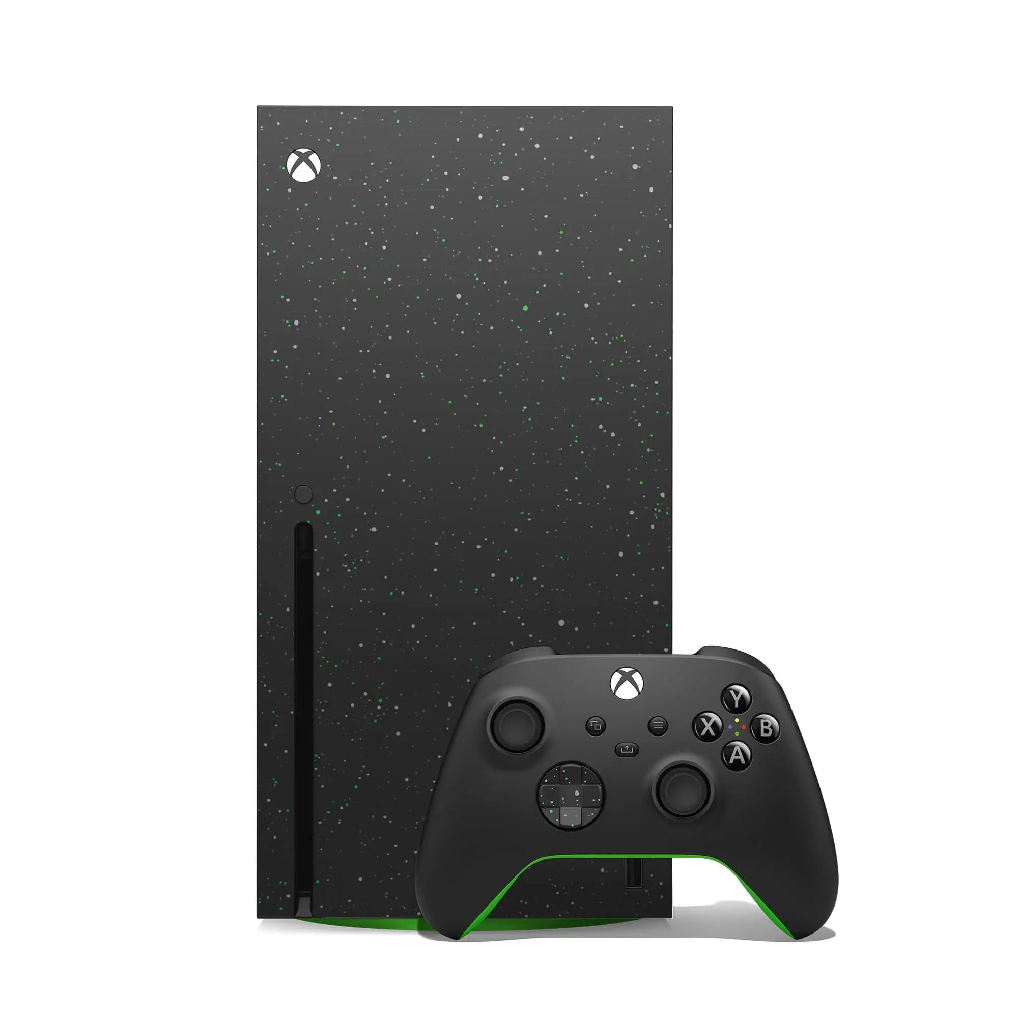 Xbox Series X console with a black controller on a white background