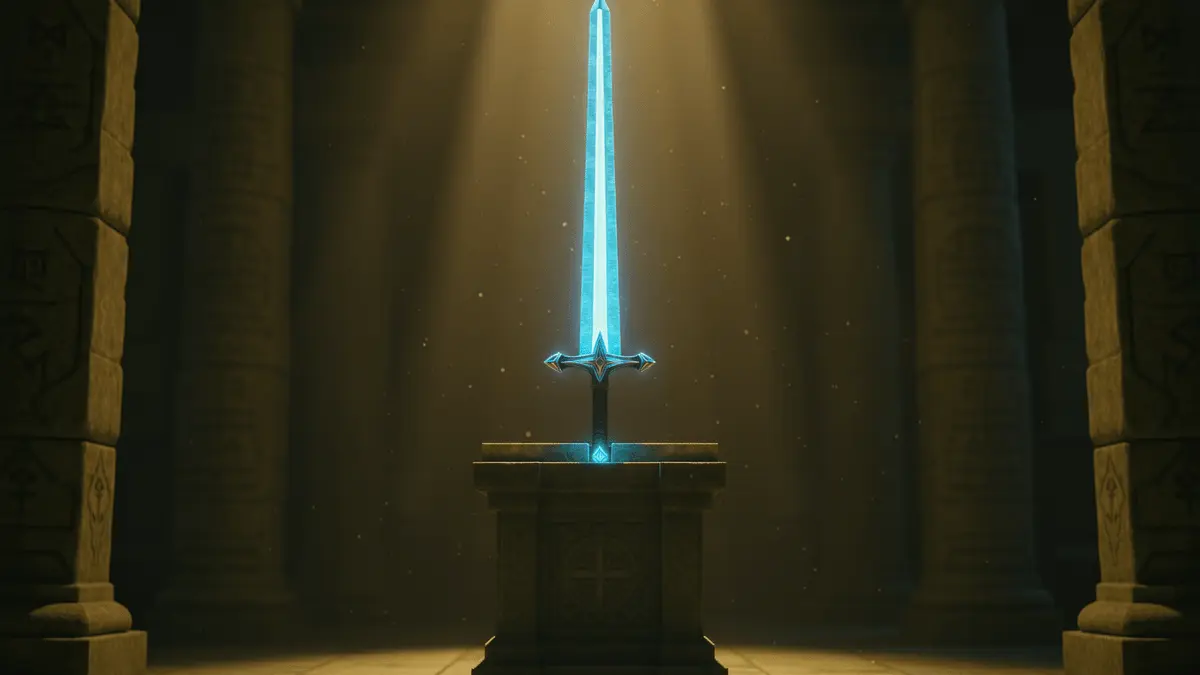 Master Sword in Temple of Time with golden sunlight for Zelda Ocarina of Time remake announcement