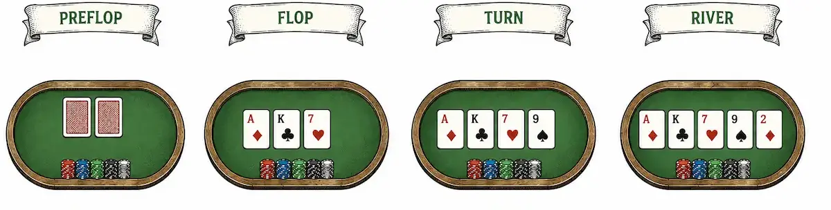 4 Vòng Cược Trong Mini Poker Preflop, Flop, Turn Và River
