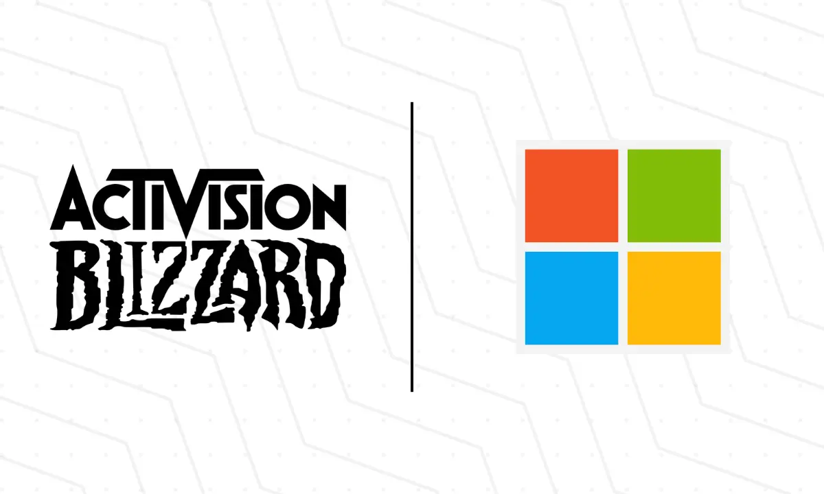 Activision Blizzard logo on the left and the Microsoft four-color square logo on the right, separated by a vertical line.