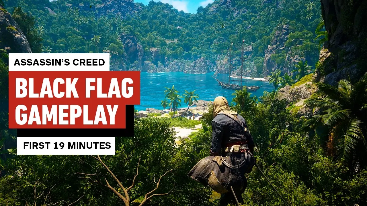 Edward Kenway overlooking a tropical bay with a pirate ship in Assassin's Creed IV: Black Flag