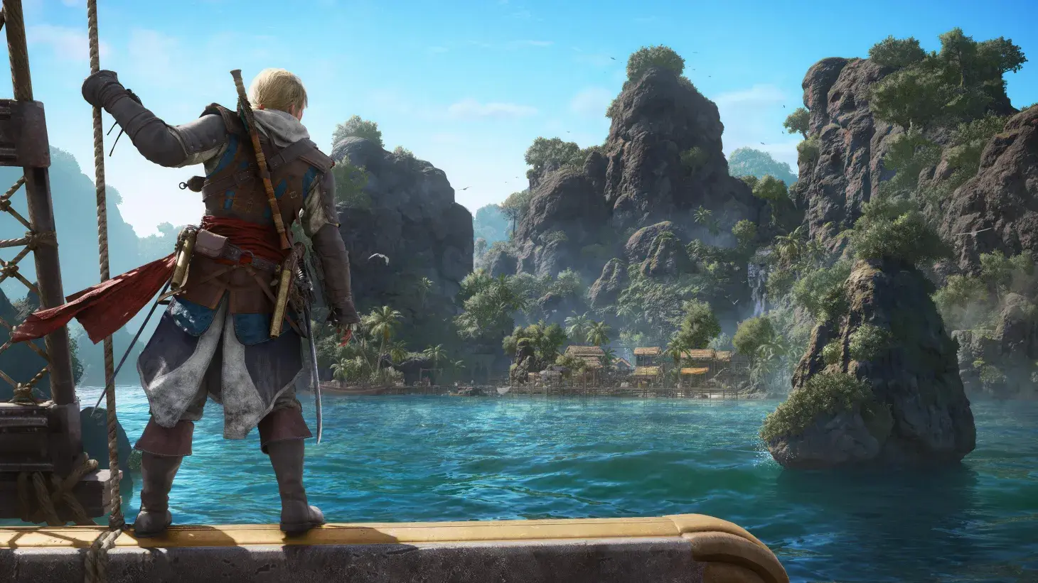 Edwards Kenway overlooking a tropical bay in Assassin's Creed Black Flag.