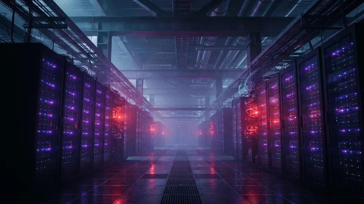 Dark server room with purple and blue lights showing network infrastructure and system status indicators