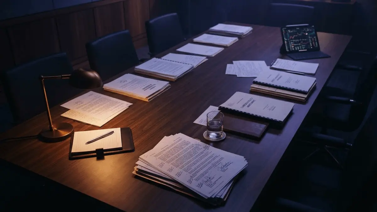 Corporate boardroom with legal documents and contracts on table in dramatic lighting