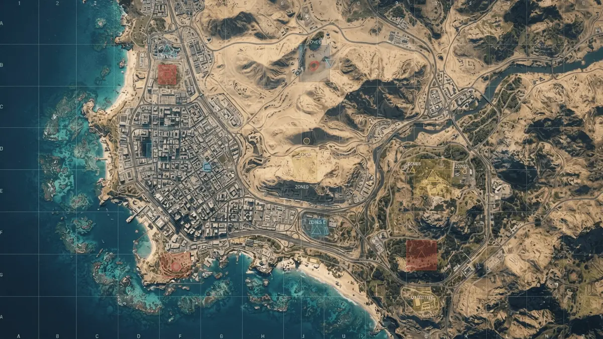 Aerial tactical map view showing diverse Battlefield 6 terrain zones with strategic capture points