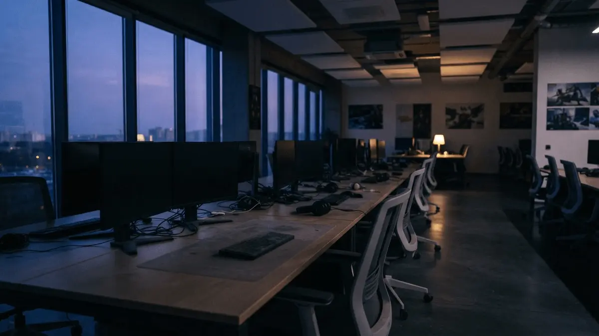 Empty game development office with vacant workstations at dusk showing departure of experienced staff