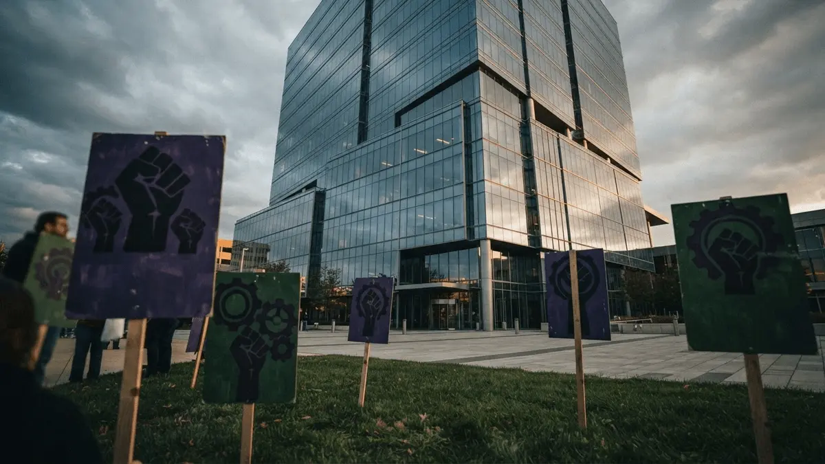 Protest signs outside modern corporate office building representing worker solidarity and labor action