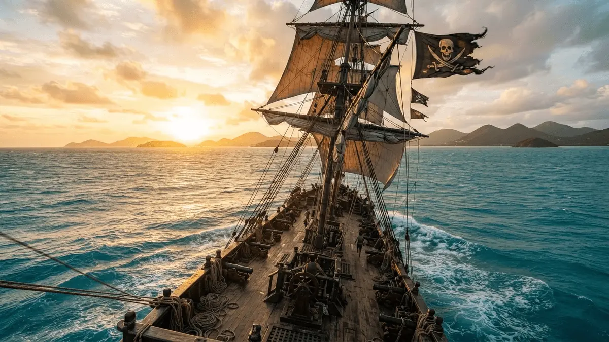 Pirate ship sailing Caribbean waters at sunset in Assassin's Creed Black Flag Resynced style