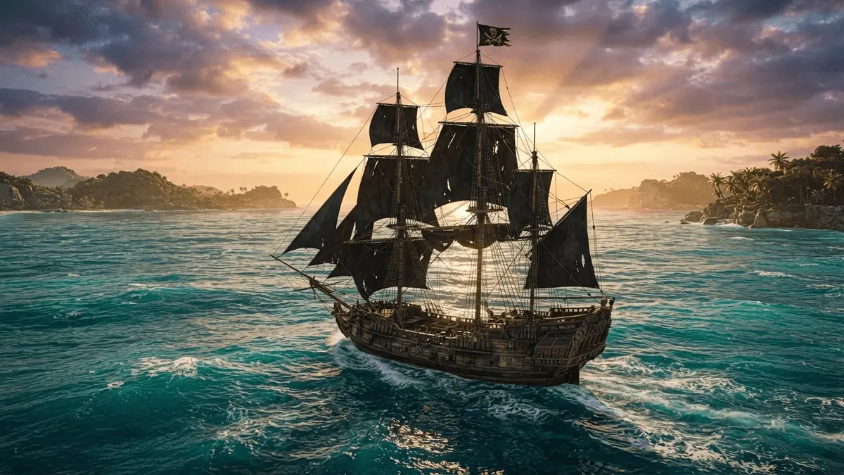 Pirate ship with black sails on Caribbean waters at sunset in Assassin's Creed Black Flag Resynced