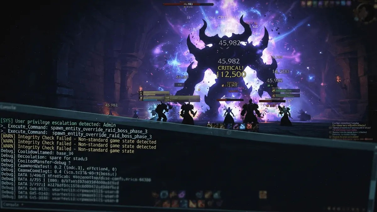 World of Warcraft dungeon boss with developer console overlay showing unauthorized game master intervention
