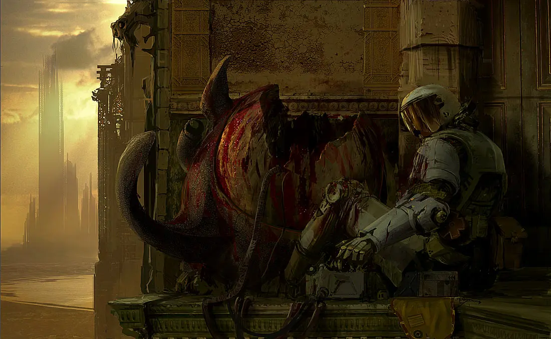 Surreal art depicting a futuristic soldier resting beside a monstrous creature.