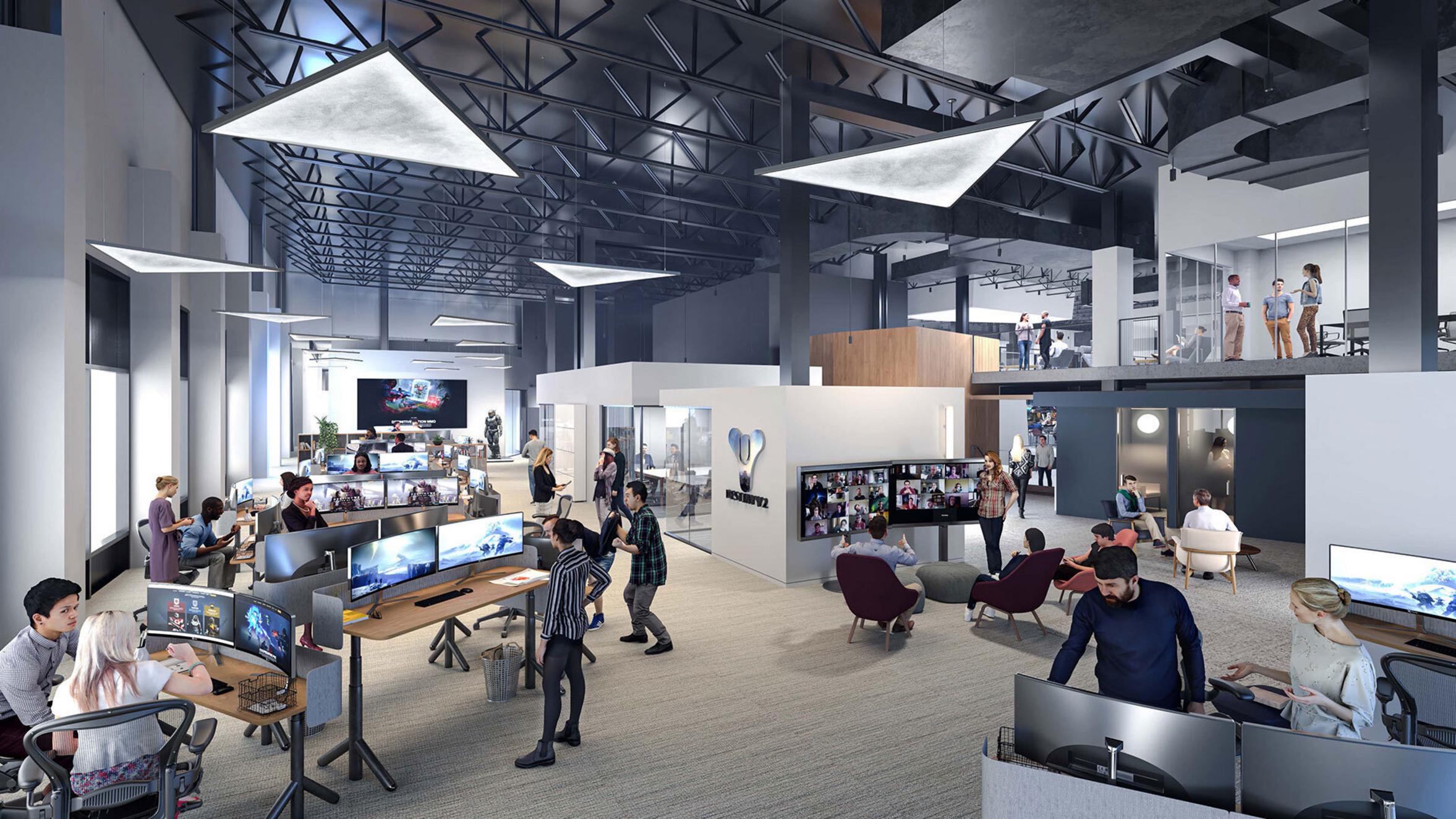 Modern video game developer office with people working at computer desks and collaborative spaces.