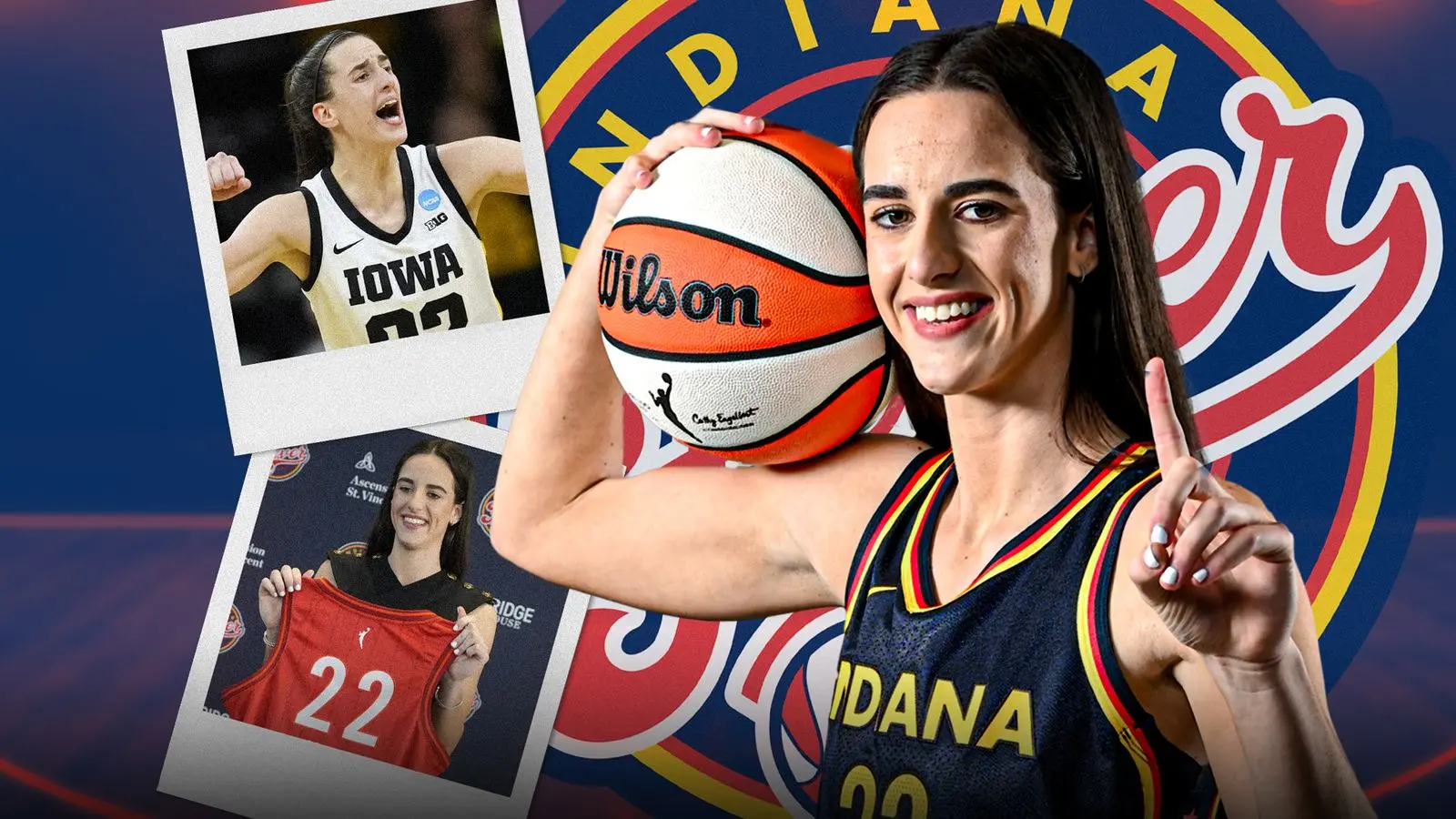 Caitlin Clark holding a basketball, featuring jersey number 22 and Indiana Fever logo.