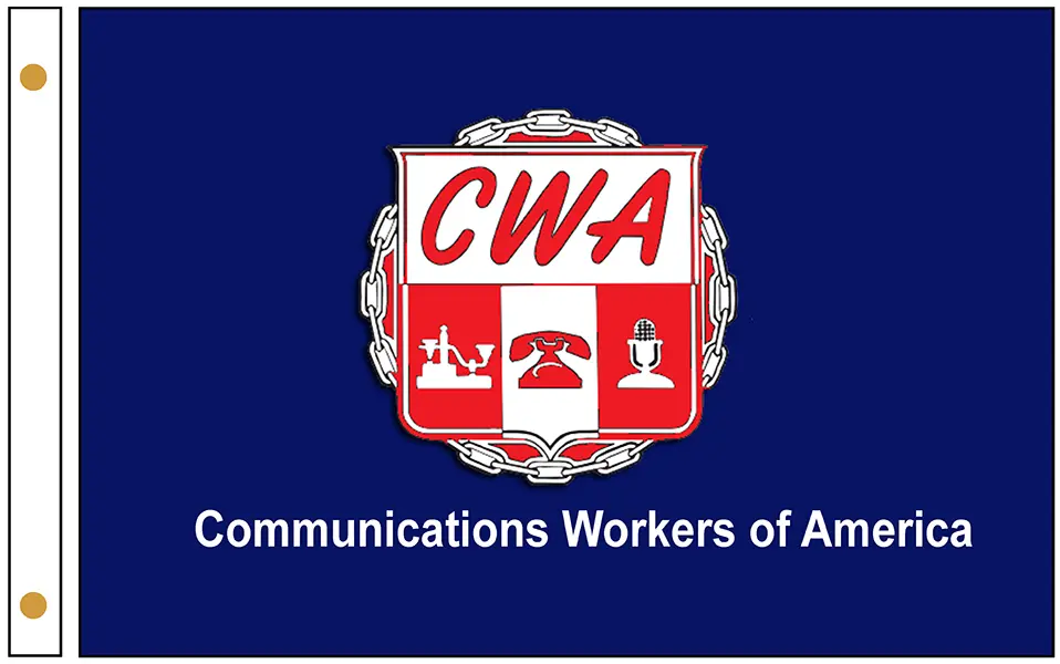 Logo of the Communications Workers of America with tools and symbols.