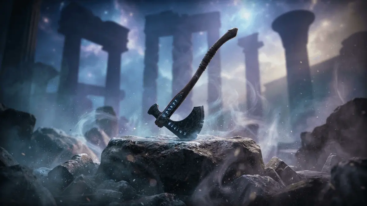 Kratos' Leviathan Axe in mystical realm with mythological architecture from multiple pantheons